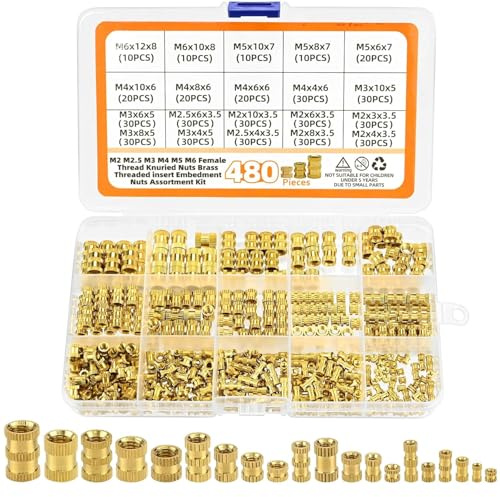 480 Stk Gewindeeinsatz, M2 M2.5 M3 M4 M5 M6 Einpressmutter Messing Gewindebuchsen Innengewinde Rändelmuttern mit Kunststoff-Box für Kunststoffteiledurch Wärme oder Ultraschall in 3D-Drucker Teile