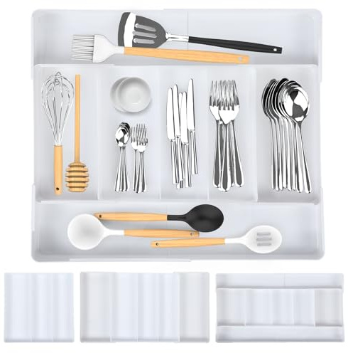 Tefola Rangement Couverts pour Tiroir Cuisine, avec 5-9 Compartiments Réglable, Matériau PET, Résistant aux Frottements, Facile à Nettoyer, Plateaux Organiseur Couverts Extensible (27x28cm-50x41cm)