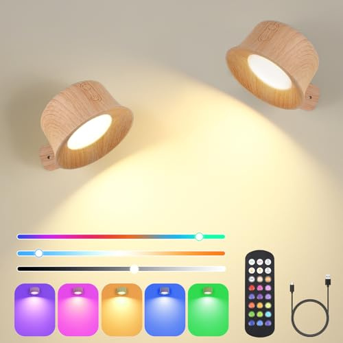 Euakee Applique Murale Interieur, Rotatifs 360°Lampe de Chevet Liseuse, Lampe Murale LED Rechargeable avec Télécommande ou Tactile, Applique Murale Sans Fil pour Chambre (Finition bois)