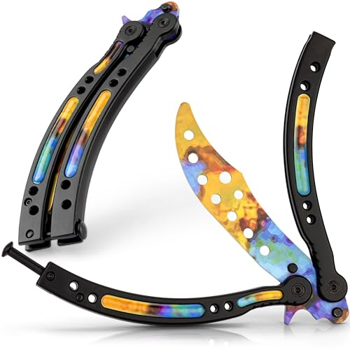 MAJESTY FOREST® Butterfly Trainer im CSGO-Stil – Edelstahl Balisong Trainer mit stumpfer Übungsklinge und E-Book zum Tricks lernen