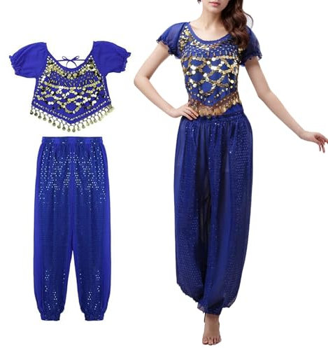 XDGBGFN Damen Bauchtanz Kostüm Set Tanzen Top und Laterne Hosen Professionel Orientalische Bauchtänzerin Verkleidung Karneval Kostüm (Dunkelblau, M)