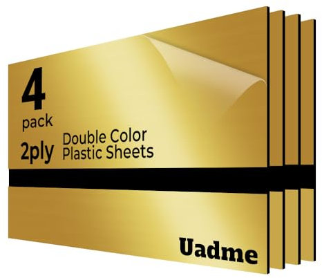 Uadme Laser Engraving Materials Metal Looking Plastic Sheets, 4 Pack 30x20cm Black Core Customized Personalized Plate for Interior Signs, Badges, DIY Carving (Mirror Gold)