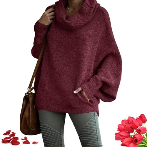 Pull à col bénitier avec poches pour femme, col roulé chauve-souris, manches longues en tricot torsadé, coupe ample, manches lanternes, pull à col roulé, pour l'automne et l'hiver (rouge foncé, L