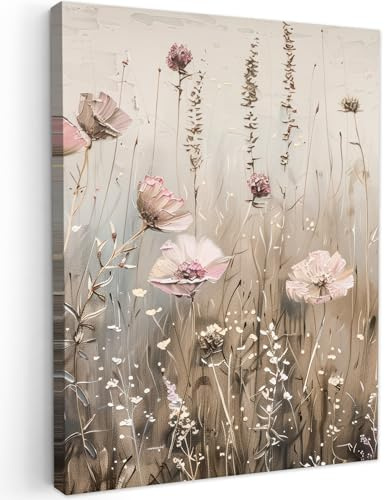 MuchoWow© Leinwand Deko Schlafzimmer Aesthetic Leinwandbilder Wohnzimmer | 60x80 cm - Gemälde Foto Geschenk Living Room Decoration Blumen - Rosa - Modern - Beige
