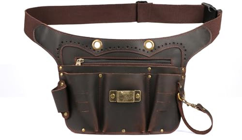 Tourbon - Cintura porta attrezzi in vera pelle con cintura regolabile in vita e passante per martello, per elettricisti, falegnami, giardinieri, borsa
