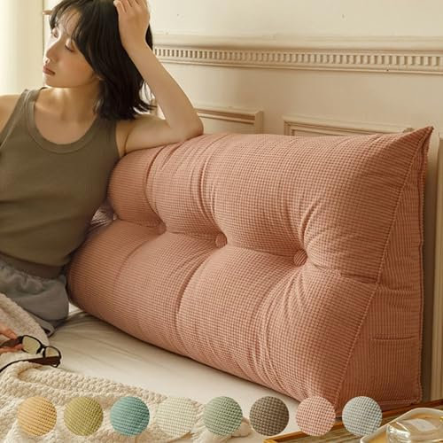 Bettkissen Rückenlehne 180cm Rosa, Groß Rückenlehne Kissen Wand, Rückenkissen Bett Cord, Dreieckige Keil Kopfteil Kissen, Waschbar Rückenstützkissen Bett Wandkissen Lesekissen mit Seitentasche