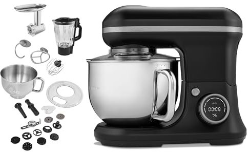 MEDION Küchenmaschine (Mixer, Fleischwolf, 3 in 1, 5 Liter Edelstahlschüssel, 1.200 Watt, Reiben Raspeln Schneiden, Digitales Touch Display, Knetmaschine, Teigmaschine, MD18430) Schwarz