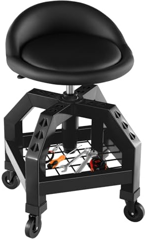 GYMAX Tabouret d'Atelier à roulettes avec Porte-Outils (Noir) | Siège Réglable en Hauteur 57-70cm, Pivotant à 360°, Rembourrage d'Éponge Confortable, pour Garage, Réparation, Mécanicien