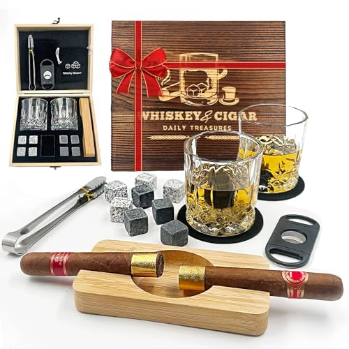 Daily Treasures Whisky Gift Set for Men-16PCS Luxury Whiskey Stones Set with 2 Glasses, 8 Granite Stones,Cigar Wooden Ashtray&Cutter&Wooden Box -Whiskey Accessories Set for Father's Day Husband Gift
