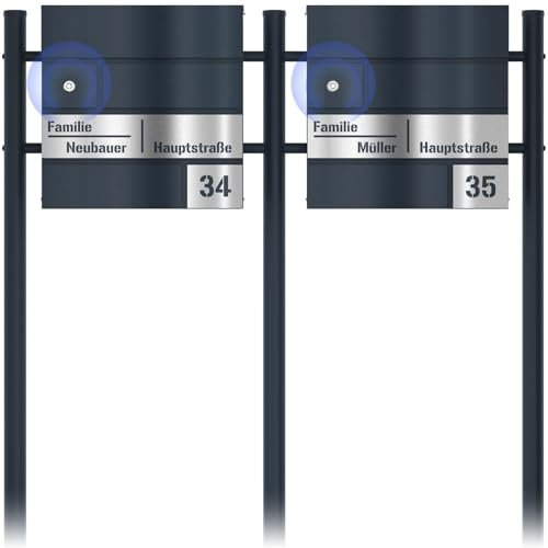 Graviers Design Moderner Doppelbriefkasten mit Funkklingel in Anthrazit RAL 7016 - Laserschnitt Postkasten personalisiert Edelstahl Gravur - Briefkasten mit Schloss Design 1