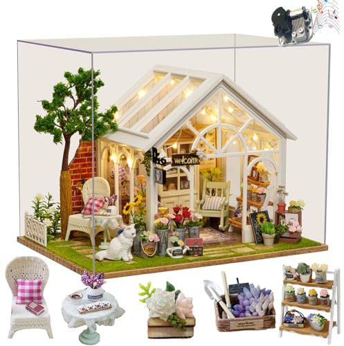 Kit de casa de muñecas, invernadero, habitación en miniatura con luz LED, kit de construcción de modelos de madera para adultos, casa de flores, regalos para amigos