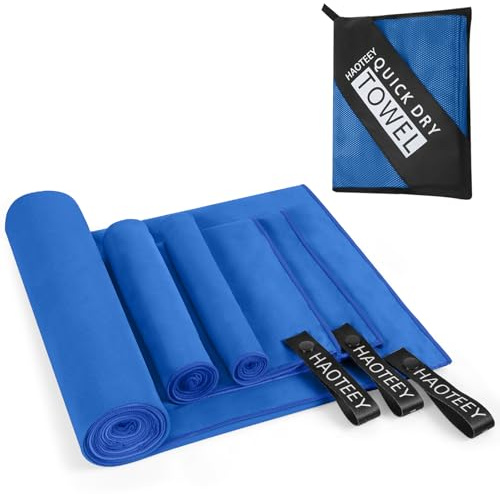 Haoteey Quick Dry Travel Towel, 3 Sizes 1 Pack Camping Microfiber Towel, Lightweight Fast Drying Towels Set 60x30, 30x15, 15x15 w/Bag for Gym, Beach, Hiking, Swimming, Dark Blue