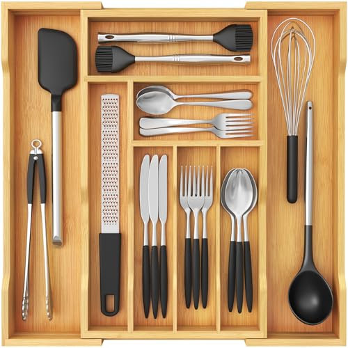 Lifewit Grande portaposate per cassetti, profondità 47 cm, inserto estraibile per posate, larghezza fino a 50 cm, cassetto da cucina, organizer per cassetti, portaposate in bambù per