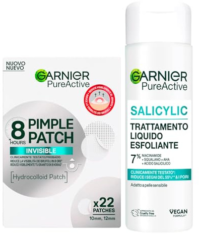 Garnier PureActive Salicylic Peeling-Behandlung reduziert Akne und Poren mit Niacinamid 120 ml + 22 Pimple Patch Hydrokolloidales Pflaster für Pickel – 2er-Set