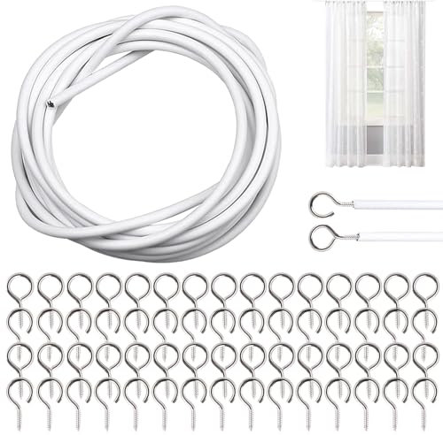 15M Vorhangdraht Weiß Gardinendraht,Kunststoffbeschichteter Gardinendraht,Curtain Wire Gardinenschnur,mit 30 Paar Schraubenösen und Haken,Vorhangdraht für Netzvorhang Vorhänge Duschvorhänge