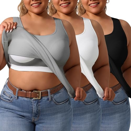 DAGGLOSA 3-Pack Women's U-Back Tank Top,Built-in Bra, Removable Pads for Gym, Yoga & Outdoor, Long-Lasting Comfort (US, Alpha, 3X, Plus, Regular, 3, Gray/White/Black)