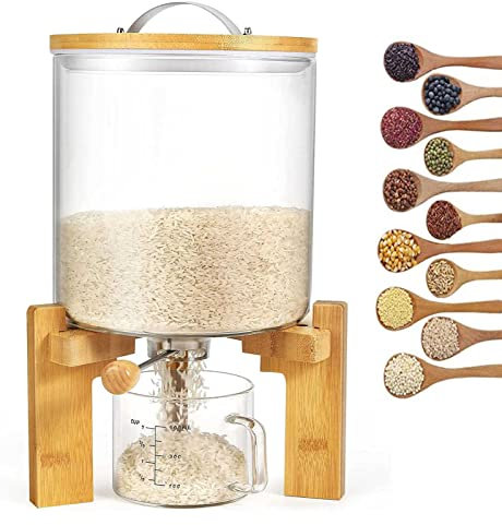Distributeur de riz, farine et céréales avec support en bois et tasse à mesurer, récipient de stockage en verre de grande capacité pour l'organisation de la cuisine et le garde-manger