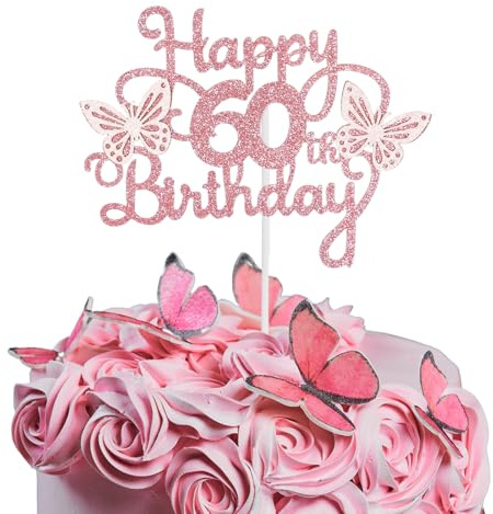 Bliceon 60th Birthday Cake Topper, Pink 3D Butterfly Cake Toppers, Pink Butterfly Party Decorations for Cakes Decorations Womens 60 Years Old Birthday Party
