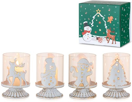 Sziqiqi Teelichthalter Weihnachten Geschenk für Tischdeko: Vintage Kerzenständer Weihnachten 4er Set für Weihnachtsdeko Tisch - Kerzenhalter Stumpenkerzen Weiß mit Windlicht für Innen Wohnzimmer Kamin