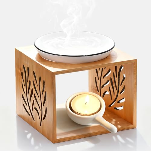 Lámpara aromática, lámpara de aroma, lámpara de aroma para aceites esenciales, lámpara aromática con estructura de madera, cuenco de cerámica y portavelas, 115 x 115 x 82 mm, calentador para aceites