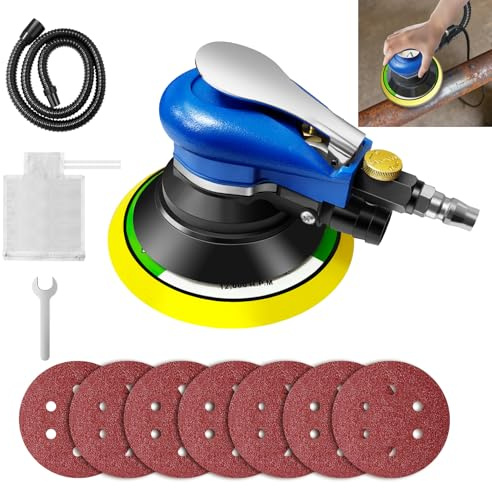 6 Air Random Orbital Sander Dual Action Pneumatic Palm Sander with Speed Regulation with 7 Pcs of Sand Paper and Self-Priming, for Sanding Wood Metal, Auto Body Repair Work