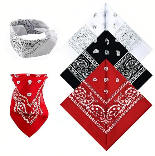 BOGCLEE 3 Stück Bandana Kopftuch Damen und Herren,Unisex Bandana Baumwolle, 54 X 54CM Nickitücher Kopftuch Halstuch Männer Hochwertig, Weich, Langlebig & Waschmaschinenfest (Weiß, Schwarz, Rot)
