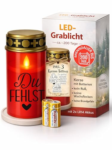 Grablichter LED mit Batterie I Friedhofskerzen bis 6 Monate Leuchtdauer | Grabkerzen Wetterfest für draußen mit Flackereffekt I Stilvolle Gedenkkerze inkl. 3 Sticker zur Gestaltung I Drytogo