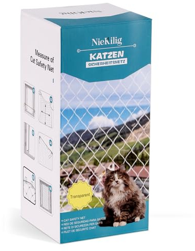 NieKilig Katzennetz für Balkon ohne Bohren, 6x2m Katzengitter Fenster, Transparentes Katzenschutznetz für Katzen zur Sicherung von Balkon, Terrassen, Fenstern, Dachluken, Türen