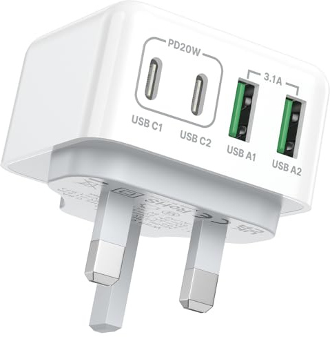 USB C Plug UK, 40W 4-Port Fast Charge USBC Plug Multi USB Charger Dual PD Power Adapter +QC Wall Charger Type C Charging for iPhone 17 16 15 14 13 12 11 Pro Max, Samsung Galaxy, iPad