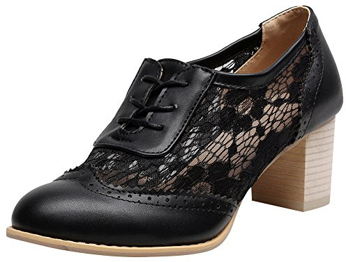 Jamron dam elegant spetskatt brud bröllop skor blockklack Oxford aftonskor, - svart - 38 EU