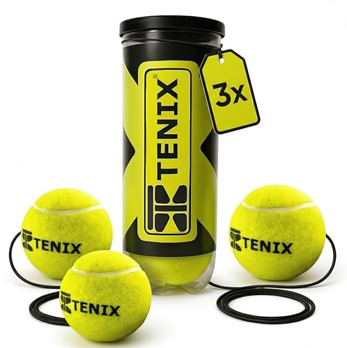 TENIX® Set de 3 Pelotas de Tenis con Cuerda | Pelotas de Repuesto para Tennis Trainer | Incluye Bote de Pelotas presurizado Sellado | Pelota de Repuesto con Cuerda elástica para Entrenador Tennis