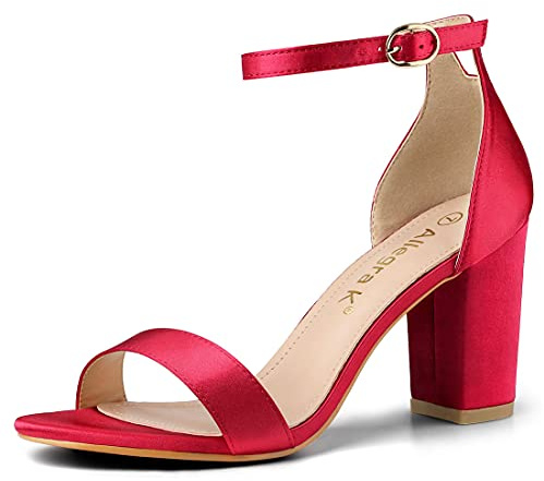 Allegra K Women's Satin Open Toe Ankle Strap Chunky Heels Sandals | 3 1/7 inches Heels for Women, Open Toe Block Heel Sandal in Satin, Comfortable Block High Heel, Dressy Shoes