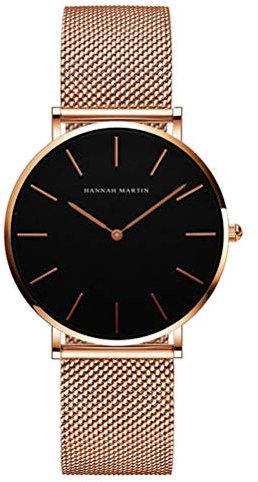 HANNAH MARTIN Damen Uhren Analog Quarz Edelstahl Wasserdicht Mesh Ultradünne (Schwarz Oberfläche ，Rosegold Armband)