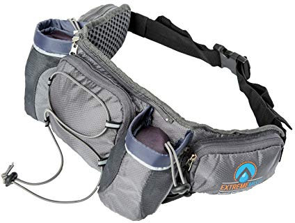 ExtremeMIST Detachable Hydration Waist Pack - Water Bottle Holder Fanny Pack | Belt with 2 Bottle Holders| Zipper Storage Pockets| Perfect for Climbing, Running, Cycling, Jogging, Hiking (Gray, Large)
