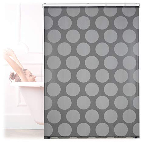 Relaxdays Cortina Enrollable Ducha Lunares, Estor Traslúcido, Repele Agua, Sujeción Techo/Ventana, 120x240 cm, Gris
