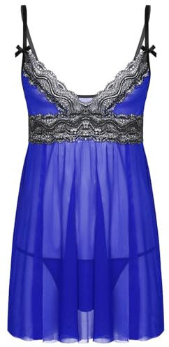 renvena Herr Sissy klänning nät nattlinne sexiga underkläder babydoll transparent pyjamas klänning med G-string trosor nattkläder underkläder, Kungsblå, XXL