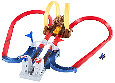 Hot Wheels Mario Kart Bowser’s Castle Chaos Modular Track with Side by Side Racing Lap Flags and Bowser Figure Connects to other sets Gift idea for Ages 3 years and older​