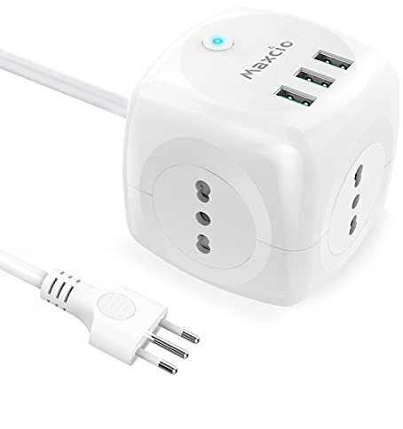 Maxcio Multipresa Cubo, Cube Ciabatta Multipresa con 3 Prese USB, 3 Presa Italiana(2200 W / 10 A), Multipresa Elettrica con Protezione da Sovraccarico, Cavo da 1.5m, Perfetto per Ufficio, Bianco