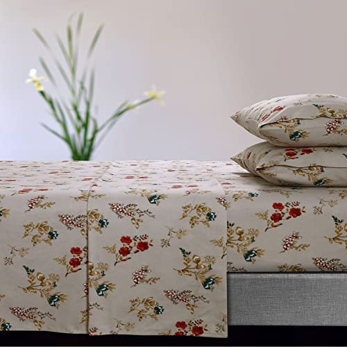 Tribeca Living Set di lenzuola in flanella ultra morbida, cotone 170 g/m², con tasca profonda, accogliente, biancheria da letto invernale per letto matrimoniale, motivo floreale, crema