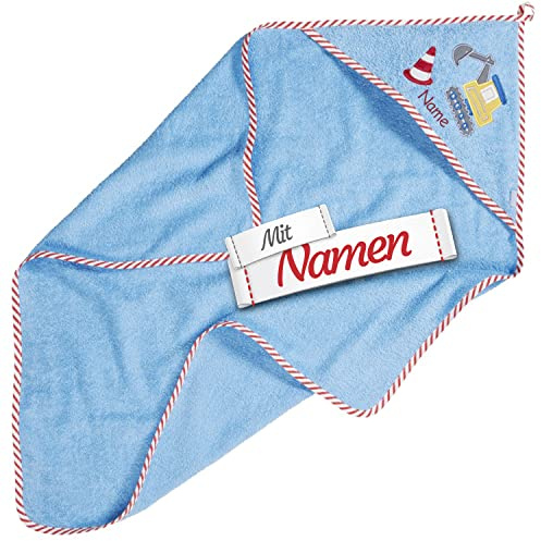 LALALO Jungen Bagger Kapuzenhandtuch mit Namen Bestickt für Baby & Kinder, Frottee Badetuch Badehandtuch/Kinder-Badetuch mit Kapuze personalisiert