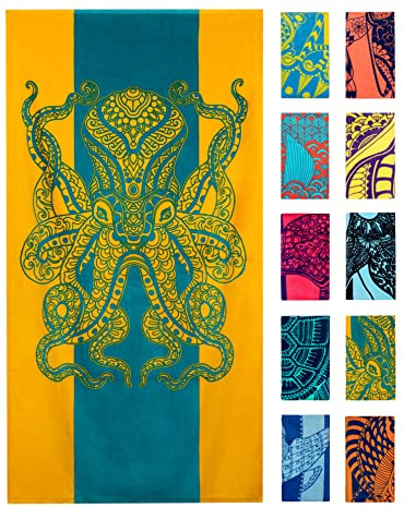 Nova Blue Octopus Beach Towel (34 X 63) – Orange & Teal Colorway with Tropical Design Travel Beach Towels Made from 100% Cotton – Vibrant Colorful Blanket Towel –Beach Towel for Adults