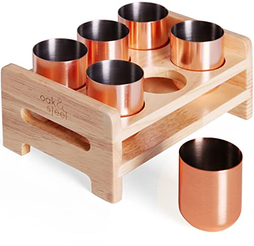 OS Oak & Steel ENGLAND - 6 Bicchierini da Shot in Acciaio Inossidabile in Oro Rosa 50ml con Supporto di Qualità per Bevande