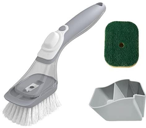 CQT Seifenspender-Spülbürsten-Aufbewahrungsset, Geschirrschrubber mit Griff, Küchenwaschbürste für Topf, Pfanne, Spüle, Küchenbürste mit Halter und 1 ersetzter Scheuerschwammkopf