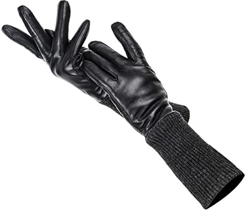 Mode Schwarz Damen Lange Handschuhe, Echtleder Halten Sie Warm Damen Lederhandschuhe, Schaffell Damen Handschuhe Schwarz 6,5