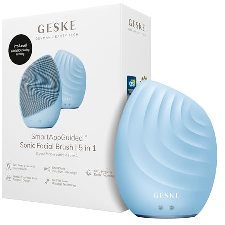 GESKE | Cepillo facial SmartAppGuided™ 5 en 1 | Cepillo de limpieza facial eléctrico | Cepillo de silicona suave | Limpieza facial profesional | Dispositivo de limpieza facial | masajeador facial