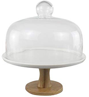 XOOPIT Cloche Alimentaire/Aliments Tente,Supports à gâteaux en dôme de gâteau, Disque en céramique Lisse avec Base en Bois Couvercle en dôme en Verre épais Serveur de Nourriture 3 Tailles Table à d