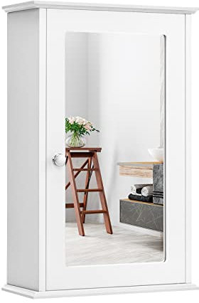 LIFEZEAL Mobiletto Bagno Salvaspazio con Specchio da Parete, Armadietto, Mobile, Amadio, Pensile Bagno Sospeso da Muro, Apertura Bidirezionale, con 2 Ripiani, Moderno, Salvaspazio, 34x15x53cm, Bianco