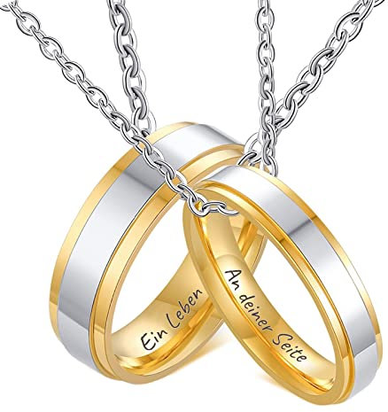 KnSam Edelstahl Partnerketten Ring Gravur EIN Leben lang an deiner Seite, Anhänger Ring 4/6MM Poliert Pärchen Ketten für 2 Paare Silber Gold, Gr.54 & Gr.62, Länge 60cm/ 50cm