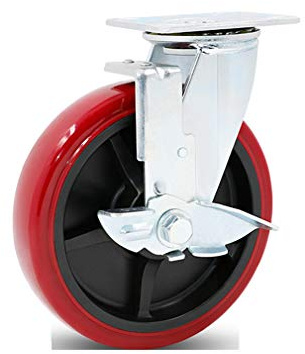 OITTo Heavy Duty Plate Industrial Caster Wheels,Red Swivel Polyurethane Furniture Castor,Polyolefin Wheel Core,6202 Bearing,High Load,1pcs,for Large Furniture,Trolley,Flatbed Carts (8in,Side Brake)