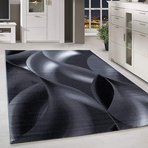 HomebyHome Teppich 280x370 cm Schwarz Kurzflor Abstrakt Wellen Design XXL Teppich für Wohnzimmer Schlafzimmer Flur Küche Esszimmer Kinderzimmer Pflegeleicht Weich